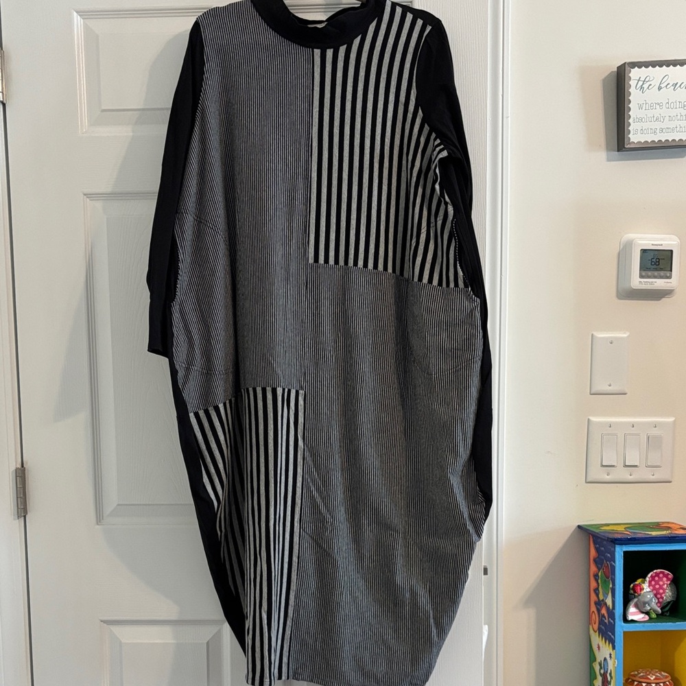 Black and Gray Striped Patchwork Tunic Dress - image 1